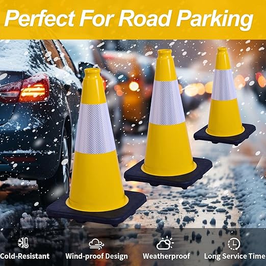 BESEA 8Pack 18 Inch Yellow Traffic Cones with 6 Inch Reflective Collar, Heavy Duty PVC Safety Cones with 10.5 x 10.5 Inch Base for Parking, Driving Practice, Sports Training, and Construction