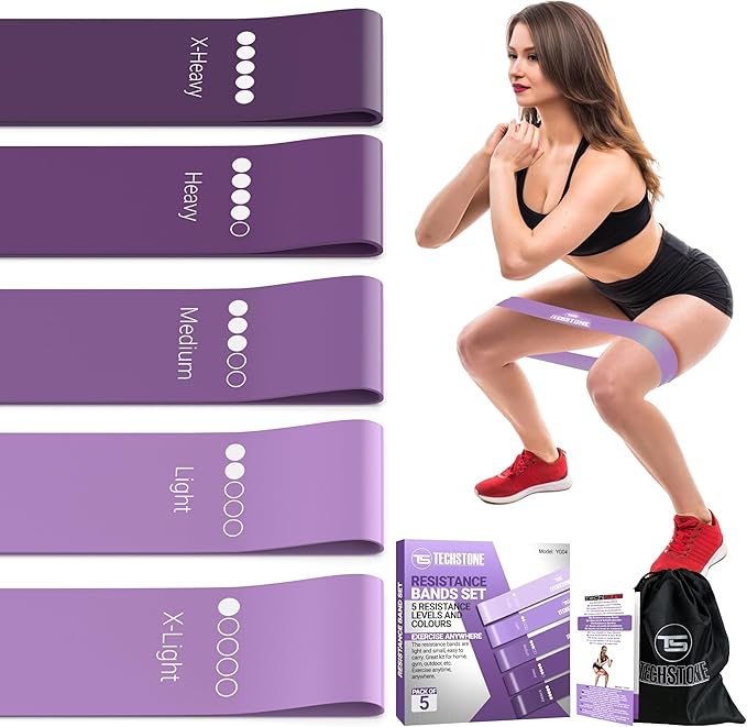 TechStone Resistance Bands Set for Men and Women, Pack of 5 Different Levels Elastic Band for Home Gym Long Exercise Workout – Great Fitness Equipment for Training, Yoga – Free Carrying Bag