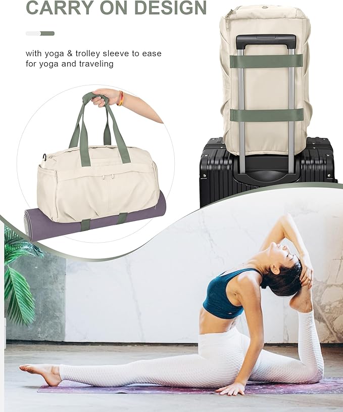 Gym Bag for Women Duffle Bag with Shoe Compartment Yoga Mat Bag Sports Workout Bag Weekend Overnight Bag, Beige Green