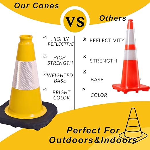 BESEA 8Pack 18 Inch Yellow Traffic Cones with 6 Inch Reflective Collar, Heavy Duty PVC Safety Cones with 10.5 x 10.5 Inch Base for Parking, Driving Practice, Sports Training, and Construction