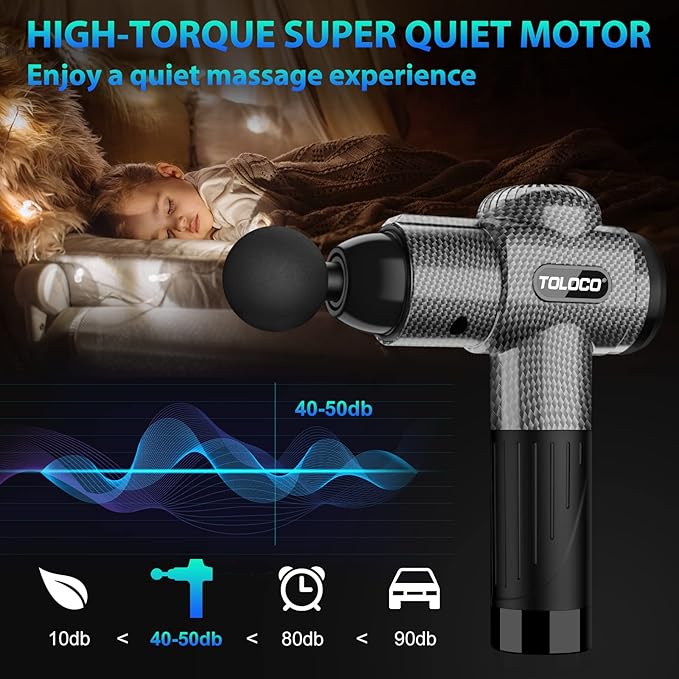 TOLOCO Massage Gun, Deep Tissue Back Massage for Athletes for Pain Relief, Percussion Massager with 10 Massages Heads & Silent Brushless Motor, Carbon