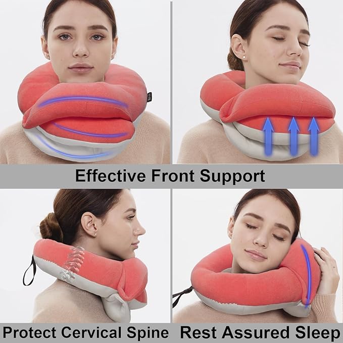 BUYUE Travel Neck Pillows for Airplanes, 360° Head Support Sleep for Long Flight, Skin-Friendly & Breathable, Kit with 3D Contoured Eye Mask, Earplugs and Storage Bag (Adult, Pink, 90+ lbs)
