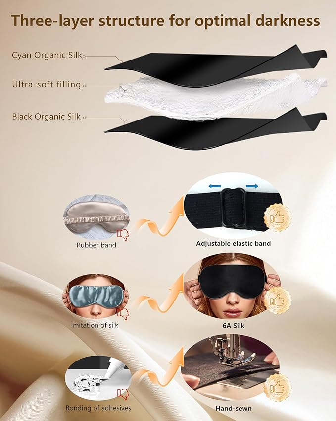 Silk Sleep Mask for Women - Soft Breathable Organic Natural Mulberry Silk Fabric Blackout Eye Mask for Sleeping with Adjustable Straps No Pressure Eye Mask for Travel Essentials Gifts (Black)