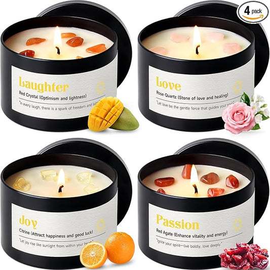 AOOVOO Crystal Energy Candles Set for Women - 4 Pack 26 oz Soy Wax Candles for Home Scented, 200 Hour Long Lasting Candle, Laughter Ruby Quartz/Love Rose Quartz/Joy Citrine/Passion Carnelian