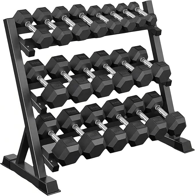 Ritafer 6-10 Pair Hex Rubber Dumbbell Set 350/450 and 550 lbs（5-50 lbs ）Hand Free Weight for Strength Coated Encased Iron Weights with Dumbbells Storage Rack Home Gym