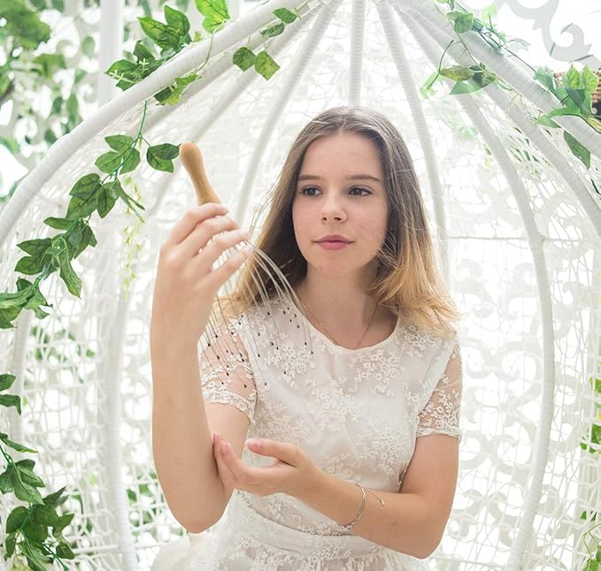 USAGA 28 Finger Head Scratcher, Head Massager, Scalp Massager, Stocking Stuffers Gift for Scalp Body Relaxing Wood Handle (1 Pack)