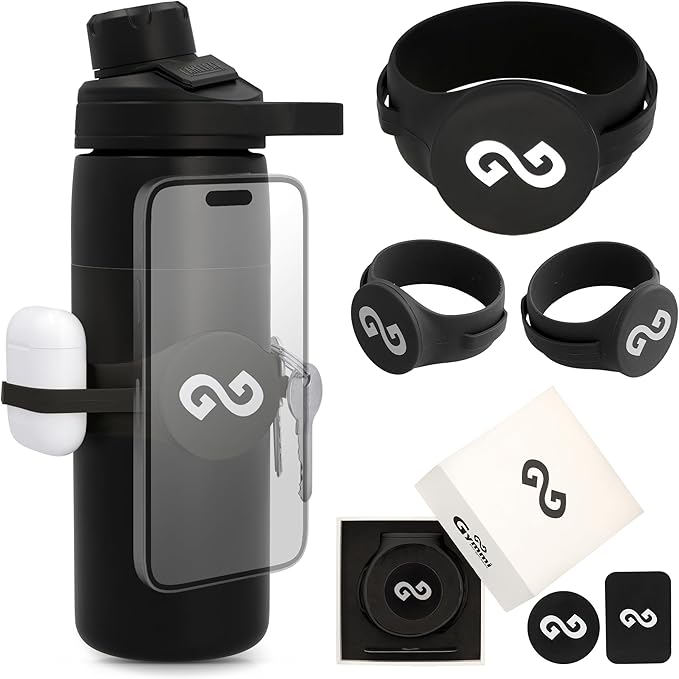 Gymmi Magnetic Water Bottle Phone Holder – One-Piece Silicone Strap for Gym | Holds Phone, Keys & Earbuds | Fits 12–40 oz Bottles (Night Black)
