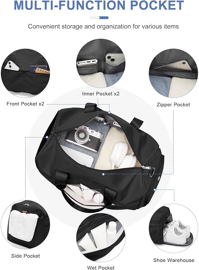 Gym Bag for Women Men with Shoe Compartment, Sport Duffel Bag, Waterproof Travel Weekender Overnight Carry on Bag for Yoga, Black