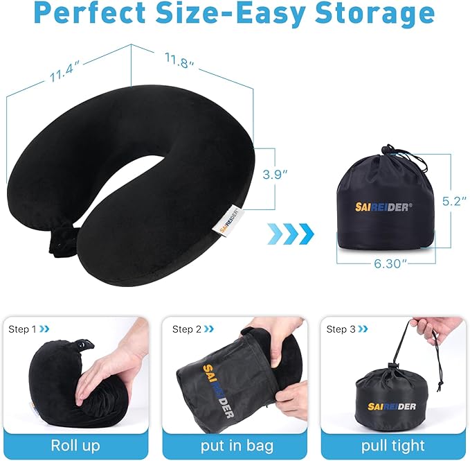 SAIREIDER Neck Pillows for Travel 100% Memory Foam Adjustable Travel Pillows with Storage Bag, Sleep Mask and Earplugs-Prevent The Heads from Falling Forward (Black)