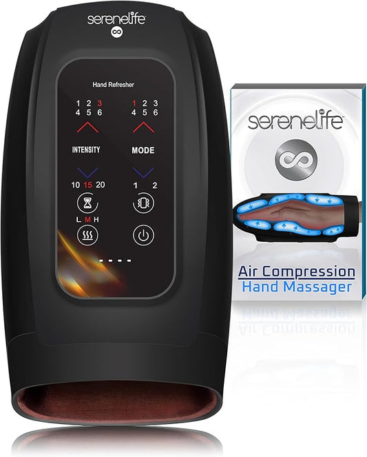 SereneLife Hand Massager with Heat and Compression, Cordless Comfort Auto-Roller Kneading Massage, Large LCD, 3 Airbags, 6 Modes, 6 Intensities, 3 Heat Settings for Relaxation