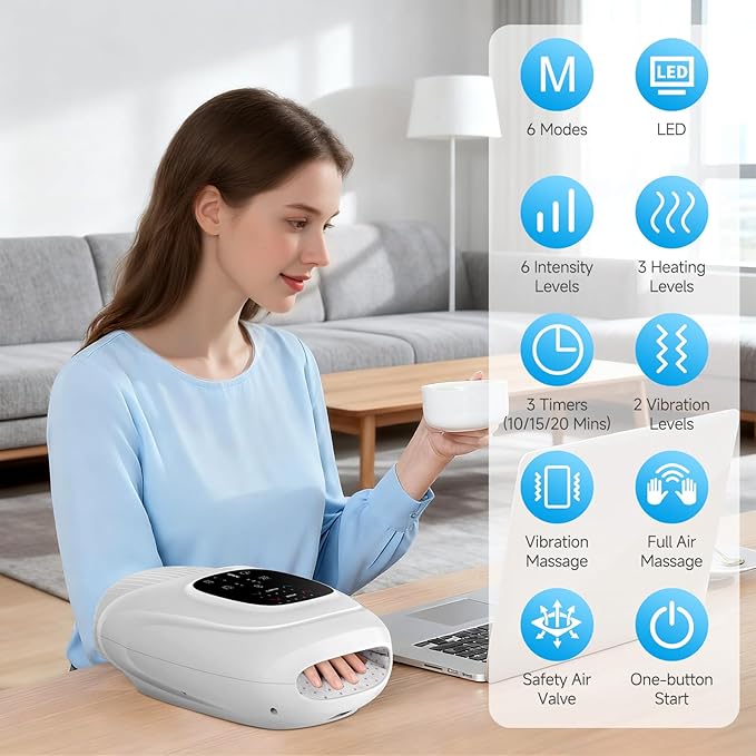 Hand Massager with Heat and Compression, Hand Massage with 2 Vibration 6 Modes 6 Intensities, Electric Hand Massager for Arthritis and Carpal Tunnel Relief, Christmas Gifts for Women Men, White