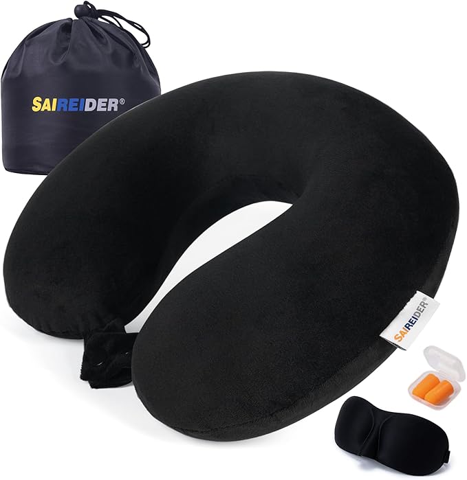 SAIREIDER Neck Pillows for Travel 100% Memory Foam Adjustable Travel Pillows with Storage Bag, Sleep Mask and Earplugs-Prevent The Heads from Falling Forward (Black)