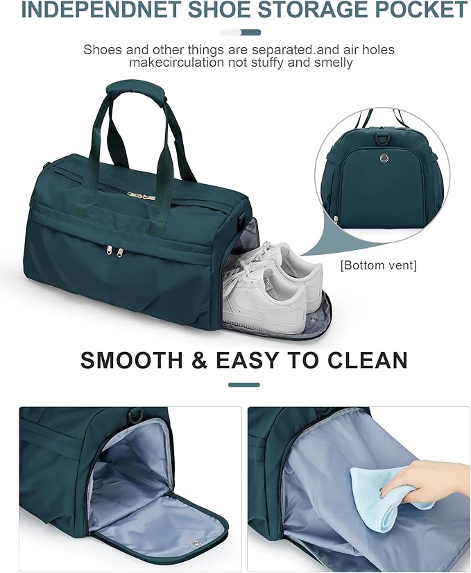 Gym Bag for Women Men, Sport Duffel Bag with Toiletry Bag & Shoe Compartment,Waterproof Travel Weekender Overnight Carry on Bag for Yoga with Trolley Sleeve, Peacock Blue Set