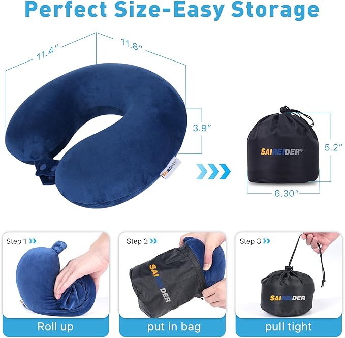 SAIREIDER Travel Pillow 100% Memory Foam Airplanes Neck Pillows -Prevent The Heads from Falling Forward Travel Neck Pillows with Sleep Mask and Earplugs (Navy Blue)