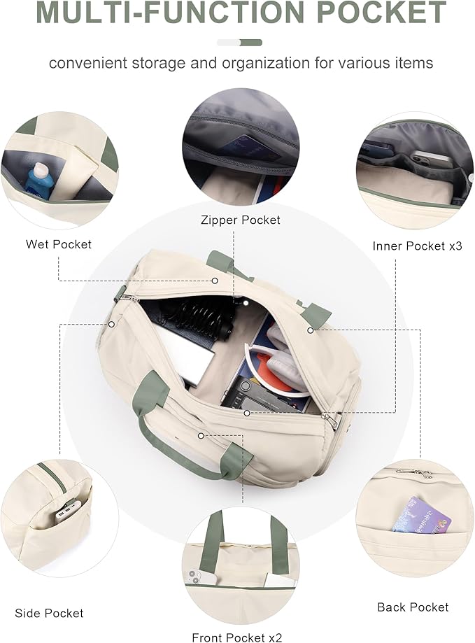 Gym Bag for Women Duffle Bag with Shoe Compartment Yoga Mat Bag Sports Workout Bag Weekend Overnight Bag, Beige Green