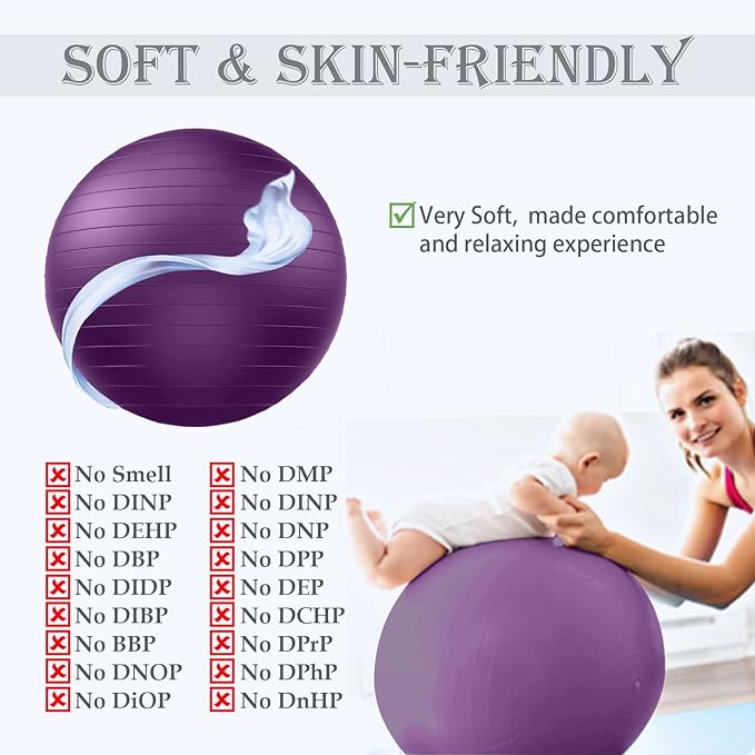 Soft Exercise Ball, Anti-Burst Yoga Ball Chair Supports 2200lbs, Stability Swiss Ball w/Pump for Pregnancy Birthing, Excersize, Workout, Fitness, Balance, Gym, Physio, Abs (Office & Home & School)