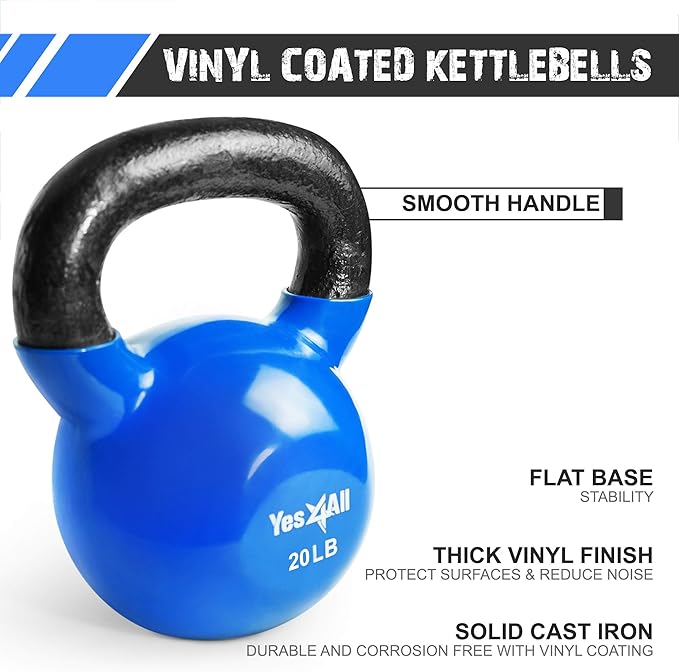 Yes4All Kettlebell, Vinyl Coated Kettlebell Cast Iron Sets with Stable Flat Bottom for Full Body Workout, Push up, Grip Strength Training & Weights Exercises