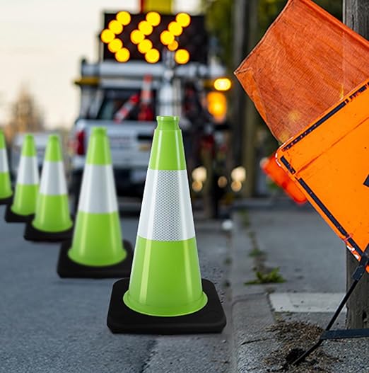 BESEA 8Pack 18" inch Traffic Cones Green Safety Cones PVC Construction Cones with 6 inch Reflective Collar for Home Driveway Road Parking Use(8 Cones)