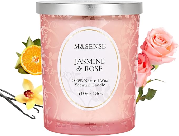 M&SENSE Jasmine Rose Candle, Cracking Wooden Wick Soy Wax, 18oz 100 Hours Long Lasting Clean Burn, Large Jar Candles for Home Scented, Non-Toxic Relaxing Aromatherapy Gifts for Women