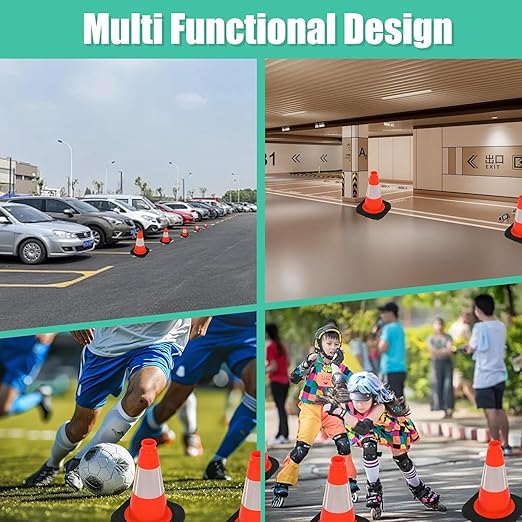 BESEA 4 Pack 12 Inch Red Traffic Cones with 4 Inch Reflective Collar, Heavy Duty PVC Safety Cones with 8.5 x 8.5 Inch Base for Parking, Driving Practice, Sports Training, and Construction