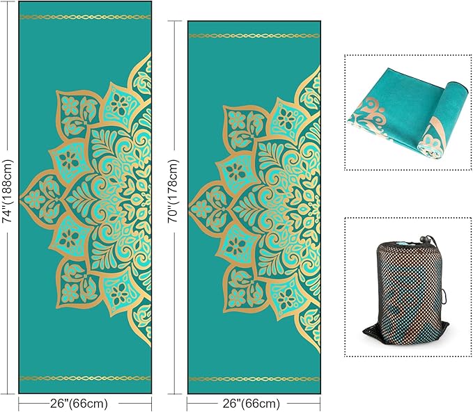Colorful Star Yoga Towel with Corner Pockets, Non Slip Grip Dots Sweat Absorbent Hot Yoga Mat Towels, Yoga Blankets with Travel Bag, Mat Cover for Workout, Gym, Fitness - 70"x26", Turquoise Mandala