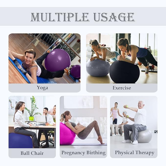 Soft Exercise Ball, Anti-Burst Yoga Ball Chair Supports 2200lbs, Stability Swiss Ball w/Pump for Pregnancy Birthing, Excersize, Workout, Fitness, Balance, Gym, Physio, Abs (Office & Home & School)