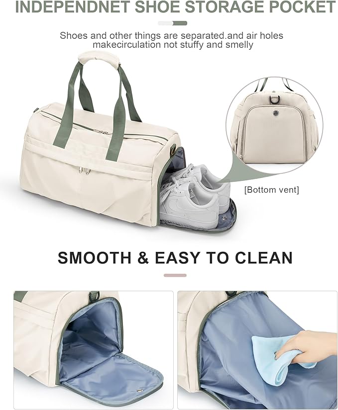 Gym Bag for Women Duffle Bag with Shoe Compartment Yoga Mat Bag Sports Workout Bag Weekend Overnight Bag, Beige Green