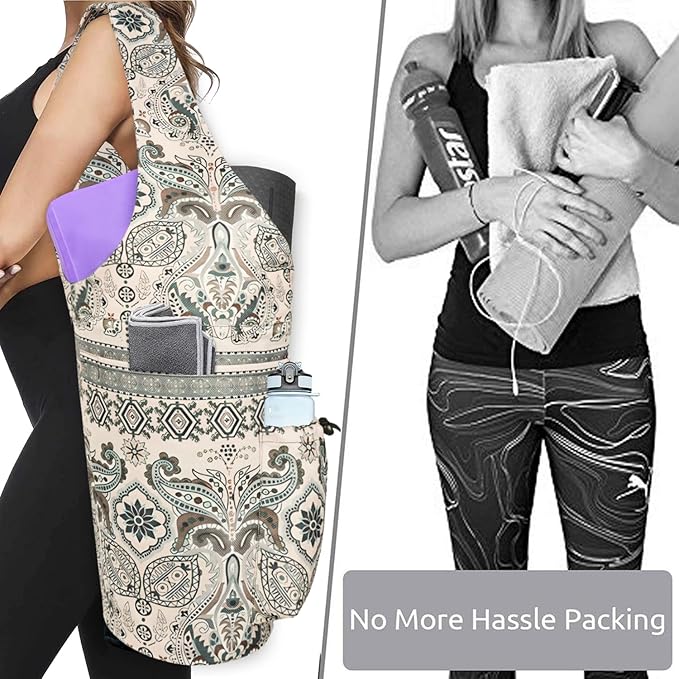 Yoga Mat Bag - Large Opening Long Tote Yoga Mat Carrier Holder Bag with Waterproof Wet Zipper Pocket and Drawstring Water Bottle Pocket - Yoga Bag Fit Most Size Mats
