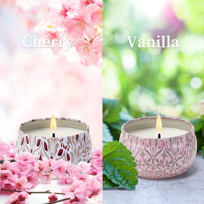 Aromatherapy Candles for Home Scented 2 Pack 2.5 oz Natural Floral Cherry and Vanilla Candles Set, Stress Relief Candles Gifts for Women, Portable Mini Candles Gift for Christmas, Birthday