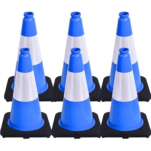 BESEA 6Pack 18 Inch Blue Traffic Cones with 6 Inch Reflective Collar, Heavy Duty PVC Safety Cones with 10.5 x 10.5 Inch Base for Parking, Driving Practice, Sports Training, and Construction
