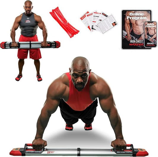 IRON CHEST MASTER Push Up Machine | Home Fitness Equipment for Chest Workouts | Home Gym Equipment Includes Adjustable Resistance Bands and a Unique Fitness Program