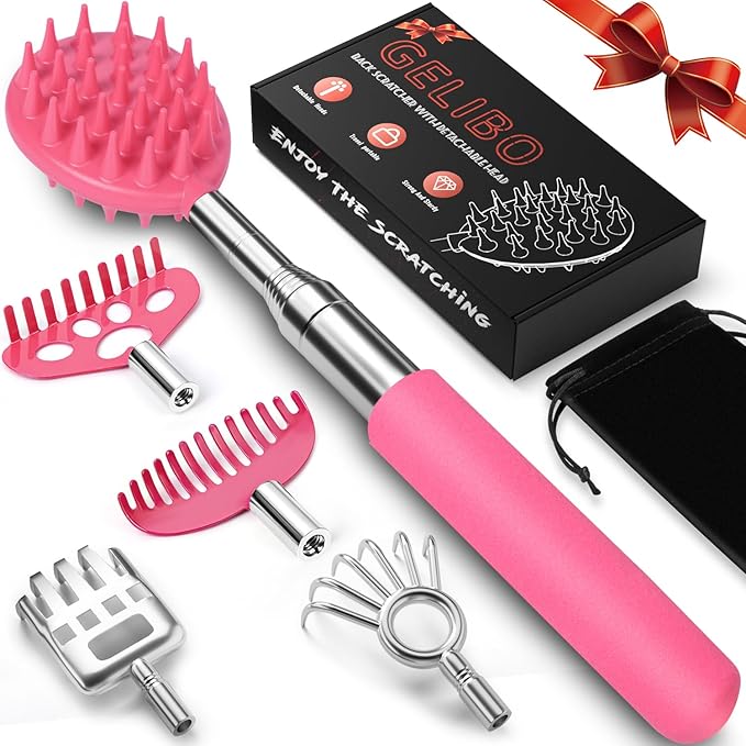 Gelibo Telescoping Back Scratcher with 5Pcs Detachable Heads,Fathers Day Dad Gifts from Wife Daughter Son,Mens Gifts,Husband, Extendable Back Massager Tool with Beautiful Box - Pink