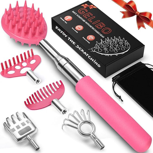 Gelibo Telescoping Back Scratcher with 5Pcs Detachable Heads,Fathers Day Dad Gifts from Wife Daughter Son,Mens Gifts,Husband, Extendable Back Massager Tool with Beautiful Box - Pink