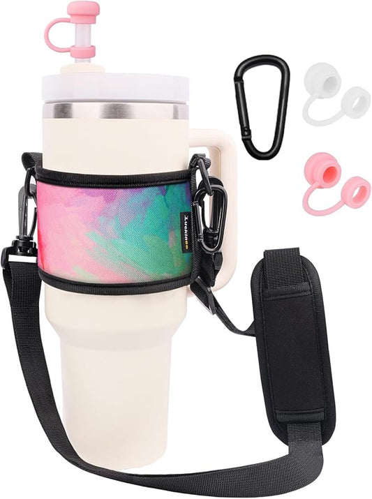 Water Bottle Carrier Holder with Shoulder Strap Water Bottle Handle Strap Sling for Stanley 30&40oz Tumblers with 2pc Straw Covers Toppers for Stanley Cup Accessories (Colorful Print)