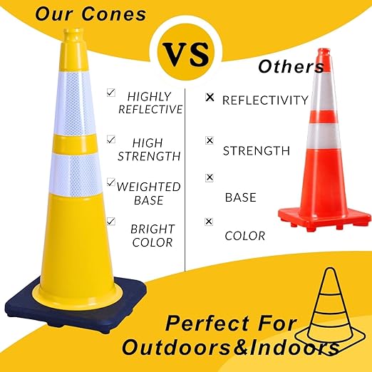BESEA 6PACK 28 inch Traffic Safety Cones Yellow Road Parking Cones 28" Heavy Duty Construction Cone Structurally Stable for Traffic Control at Public Place(6PCS)