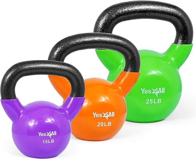 Yes4All Kettlebell, Vinyl Coated Kettlebell Cast Iron Sets with Stable Flat Bottom for Full Body Workout, Push up, Grip Strength Training & Weights Exercises