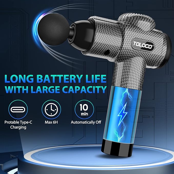 TOLOCO Massage Gun, Deep Tissue Back Massage for Athletes for Pain Relief, Percussion Massager with 10 Massages Heads & Silent Brushless Motor, Carbon
