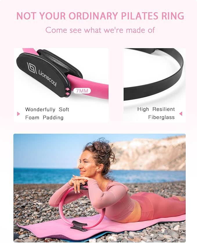 LIONSCOOL Pilates Ring Set – 14" Anti-Deformation Magic Circle with Padded Handles, Mini Ball, Resistance Bands, Guide & Bag