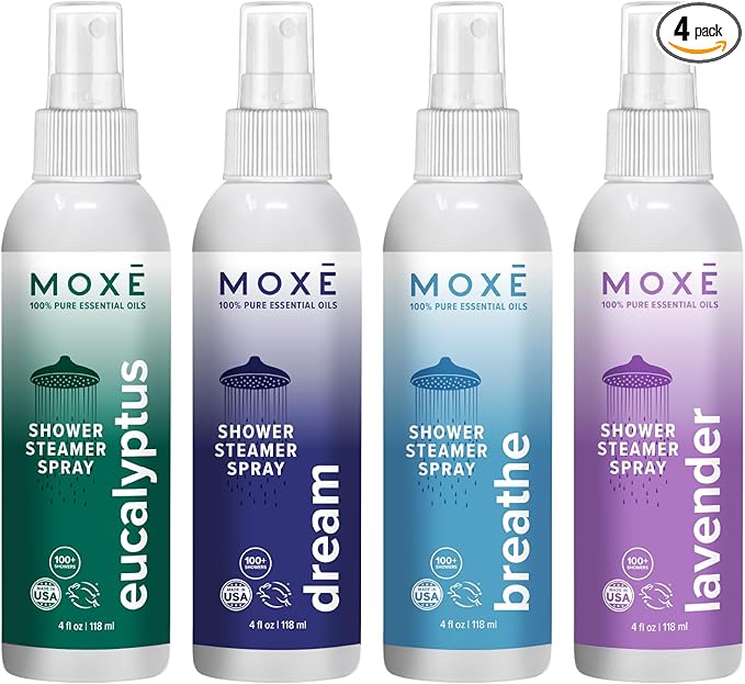 MOXE Aromatherapy Shower Mist Variety Pack, Eucalyptus, Lavender, Breathe and Dream, Spa Steam Spray, Natural 100% Essential Oils, Made in USA, Aromatherapy, Sinus Congestion Relief, 4 Pack (8oz)