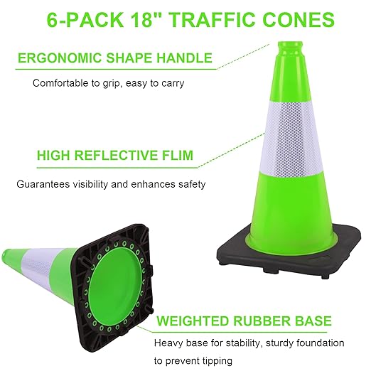 OrangeStar 6-Pack 18" Traffic Cones with Weighted Rubber Base, 6" Reflective Collar, Green Safety Cones for Parking Lot, Road Construction, Warehouse, Highway, Weatherproof PVC