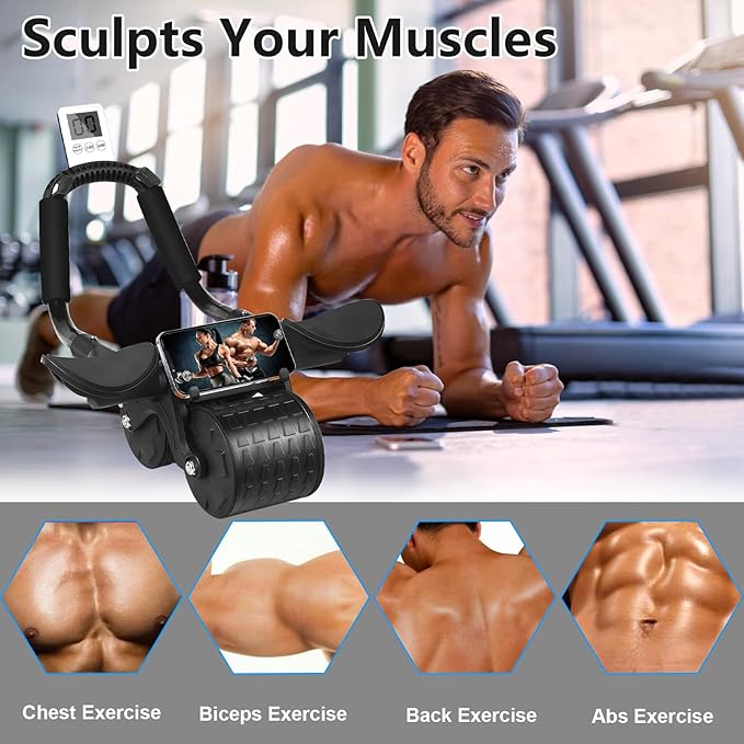 2025 New Ab Roller Wheel with Knee Mat &Timer, Automatic Rebound Abdominal Wheel, Ab Abdominal Exercise Roller with Elbow Support, Abs Workout Equipment Ab Exercise Roller for Women Men