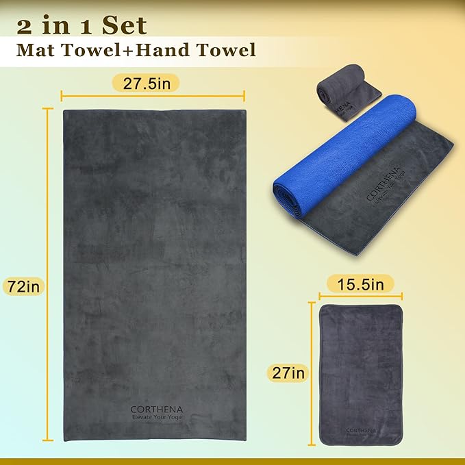 Hot Yoga Towel Set, 600GSM Yoga Mat Towel Extra Thick Dual-Color Microfiber, Soft Non-Slip Sweat Absorbent, 72" x 27.5" with Matching Hand Towel for Hot Yoga, Pilates, Fitness, Grey/Blue