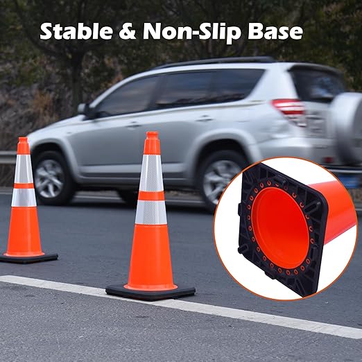 6 Pack 28" Orange PVC Road Traffic Cones with Reflective Bands, Heavy Duty Black Base Safety Cones for Construction Sites, Street Work, and Vehicle Guidance (Orange, 28 inch -6 Pack)