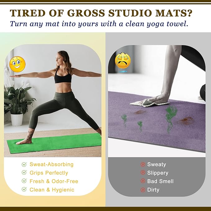 Hot Yoga Towel Non Slip Extra Thick Yoga Mat Towel + Hand Towel 2in1 Set, Dual-Sided Sweat Absorbent Microfiber for Hot Yoga, Pilates, Fitness (70"x25.5"+27"x15.5"), Grey Front with Green
