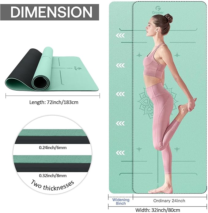 Yoga Mat Non Slip TPE Extra Wide Yoga Mat with Alignment Mark, 72"L x 32"W x 0.32"/0.24"Th (183cm x 80cm x 8mm/6mm), Anti-Tear Exercise Mat with Carrying Strap and Bag, Workout Mats for Yoga, Pilates