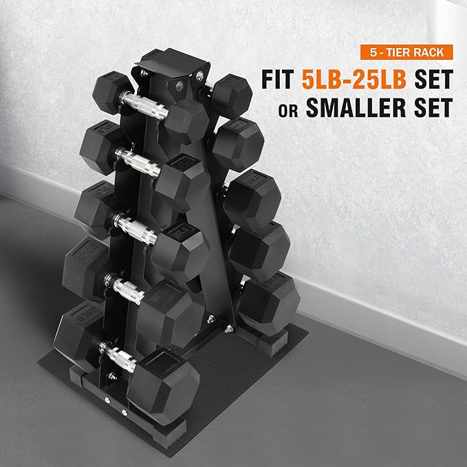 Fitvids Fitvids Rubber Coated Hex Dumbbell Weight Set and Storage Rack, 100LB Set or 150LB Set, 5-20 lbs Pairs or 5-25 lbs Pairs