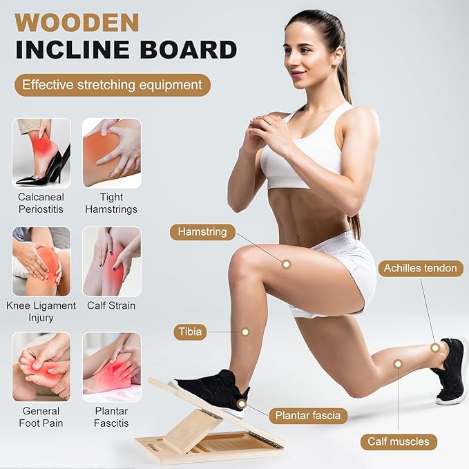 Slant Board for Calf Stretching,Calf Stretcher Adjustable Portable Wooden Foldable,5-Level Incline,2 Resistance Bands,300lb Weight Capacity,for Calf,Achilles,Ankle,Squats,Physical Therapy Exercise