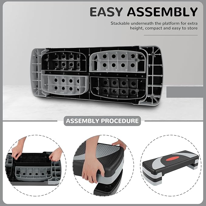 Fitvids Step Aerobic Platform, 31" Exercise Step with 3 levels Adjustable Height, 4 Stackable Risers, Fitness Training Workout Stepper for Home Gym, Cardio Strength, Black & Pink