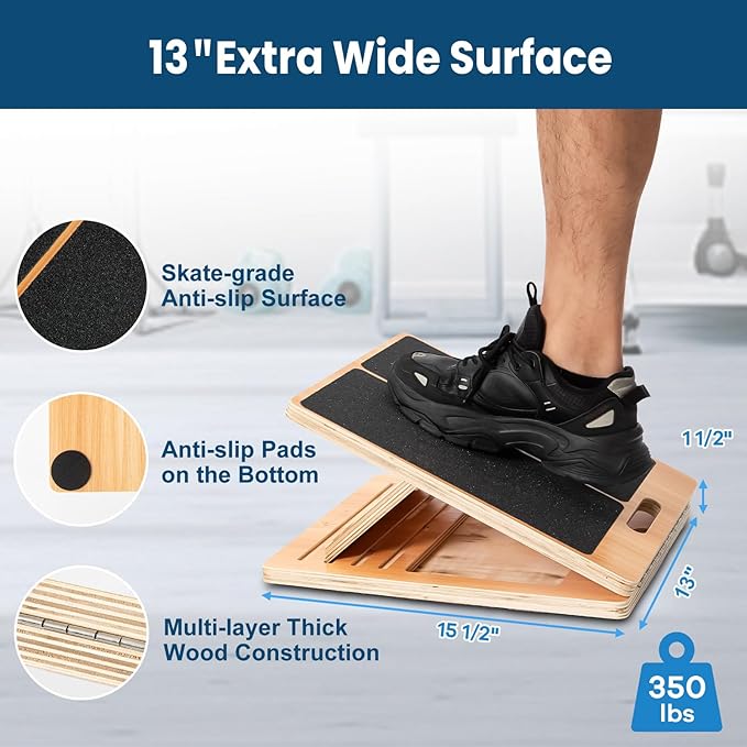 StrongTek 13” Wide Portable Wooden Slant Board, 5-Level Incline (15°-35°), Lower Grip Handle, Beginner & Rehab Friendly, Non-Slip Surface for Calf Stretching, Squats, Physical Therapy