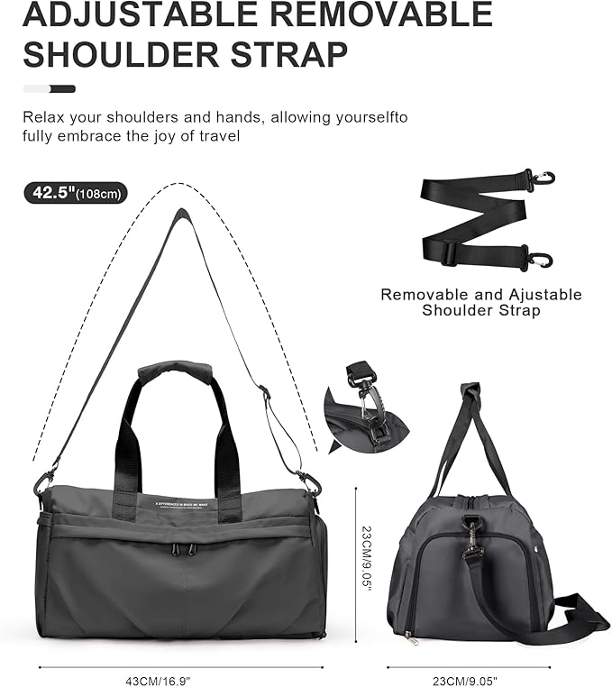 Gym Bag for Women Men with Shoe Compartment, Sport Duffel Bag, Waterproof Travel Weekender Overnight Carry on Bag for Yoga with Trolley Sleeve, Grey